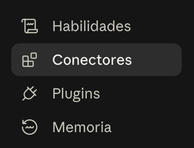 Menú de Personalizar con cuatro opciones: Habilidades, Conectores (seleccionada), Plugins y Memoria