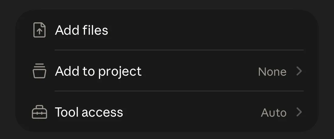 Menú del botón más: Add files, Add to project y Tool access