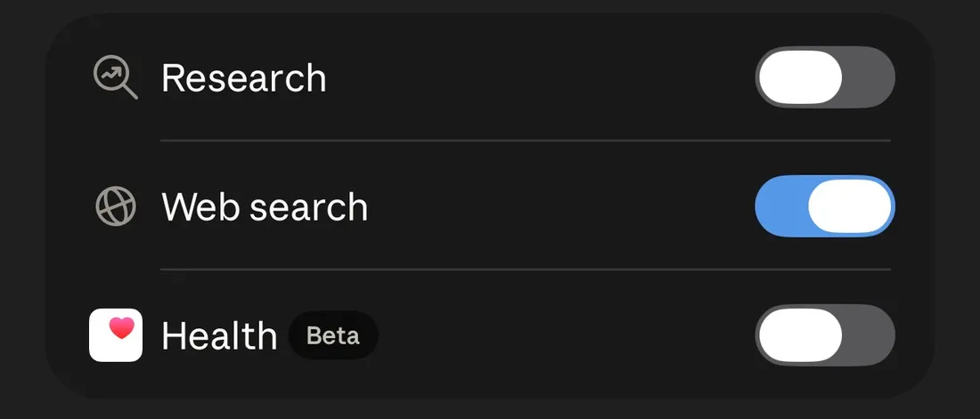 Interruptores de Research, Web search y Health (Beta)