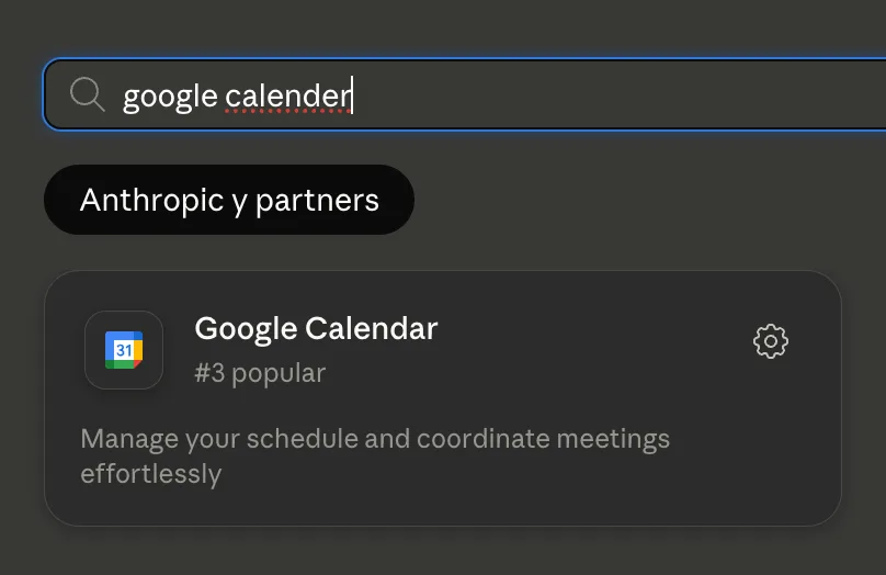 Buscador de conectores con «google calendar» escrito y la tarjeta de Google Calendar: «Manage your schedule and coordinate meetings effortlessly»