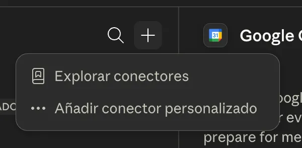 Menú que abre el botón más con las opciones Explorar conectores y Añadir conector personalizado