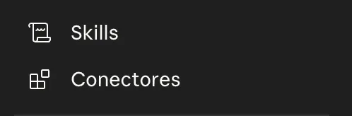 Menú con las opciones Skills y Conectores dentro de los ajustes de Claude