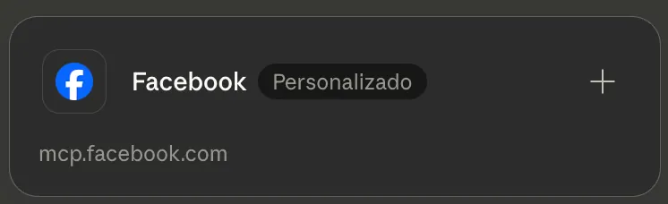 Tarjeta del conector personalizado Facebook en Claude, con la URL mcp.facebook.com.