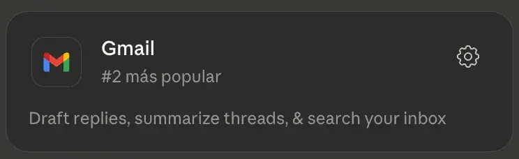 Tarjeta del conector Gmail en Claude: «Draft replies, summarize threads, & search your inbox».