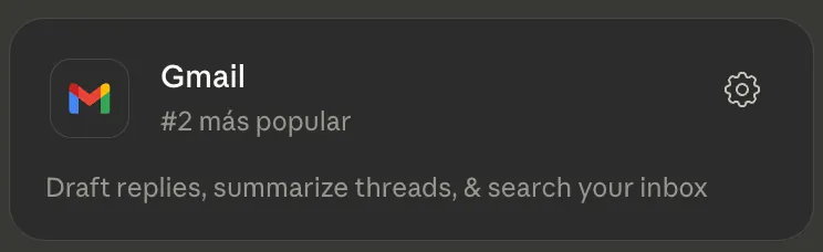 Tarjeta del conector Gmail en Claude: «Draft replies, summarize threads, & search your inbox».