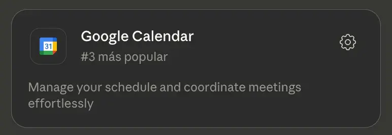 Tarjeta del conector Google Calendar en Claude: «Manage your schedule and coordinate meetings effortlessly».
