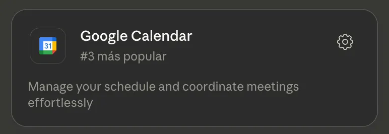 Tarjeta del conector Google Calendar en Claude: «Manage your schedule and coordinate meetings effortlessly».