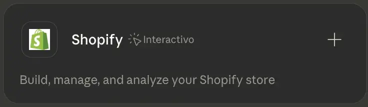 Tarjeta del conector Shopify: «Build, manage, and analyze your Shopify store».