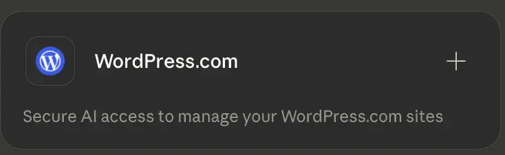 Tarjeta del conector WordPress.com: «Secure AI access to manage your WordPress.com sites».