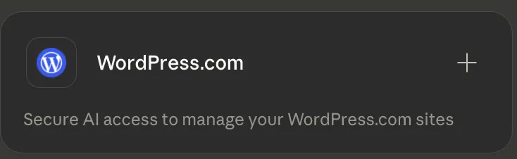 Tarjeta del conector WordPress.com: «Secure AI access to manage your WordPress.com sites».