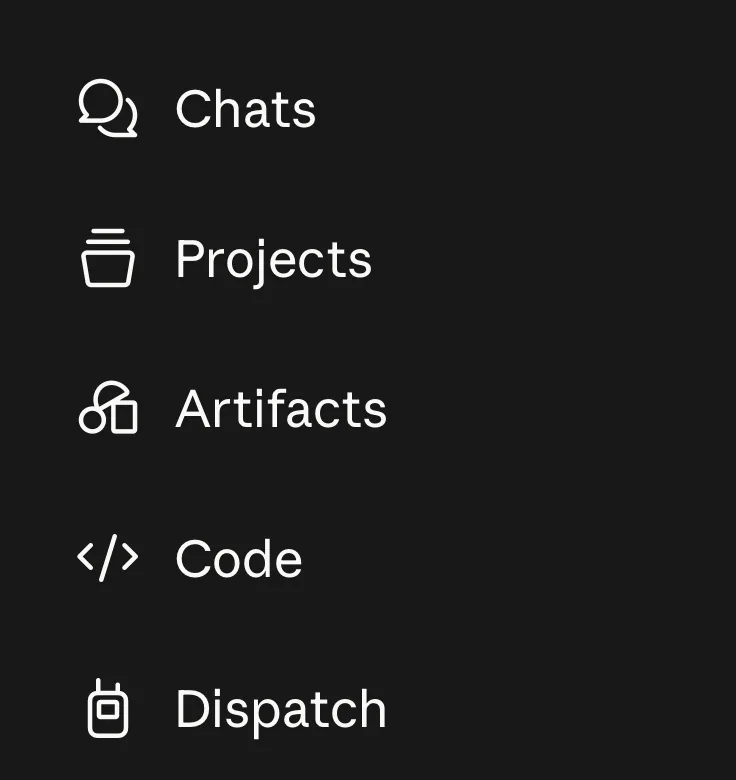 Menú de Claude con las opciones Chats, Projects, Artifacts, Code y Dispatch