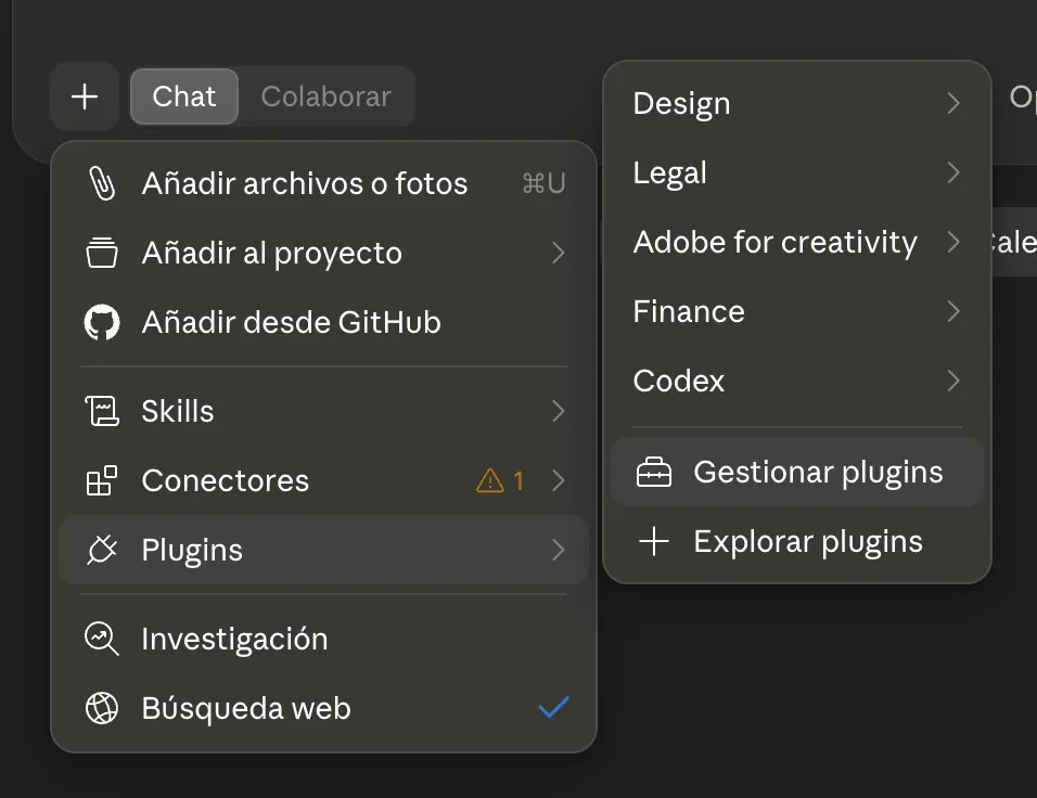 Menú de + en Claude con Plugins abierto y la opción Gestionar plugins resaltada