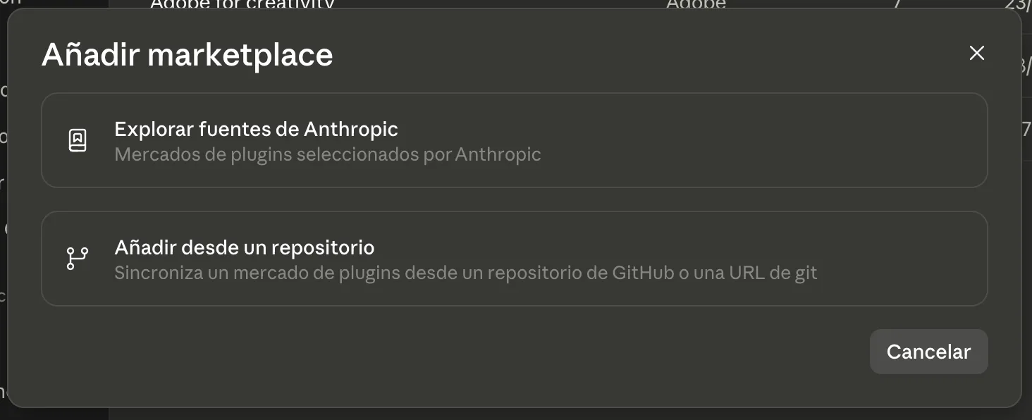 Modal Añadir marketplace con las opciones Explorar fuentes de Anthropic y Añadir desde un repositorio