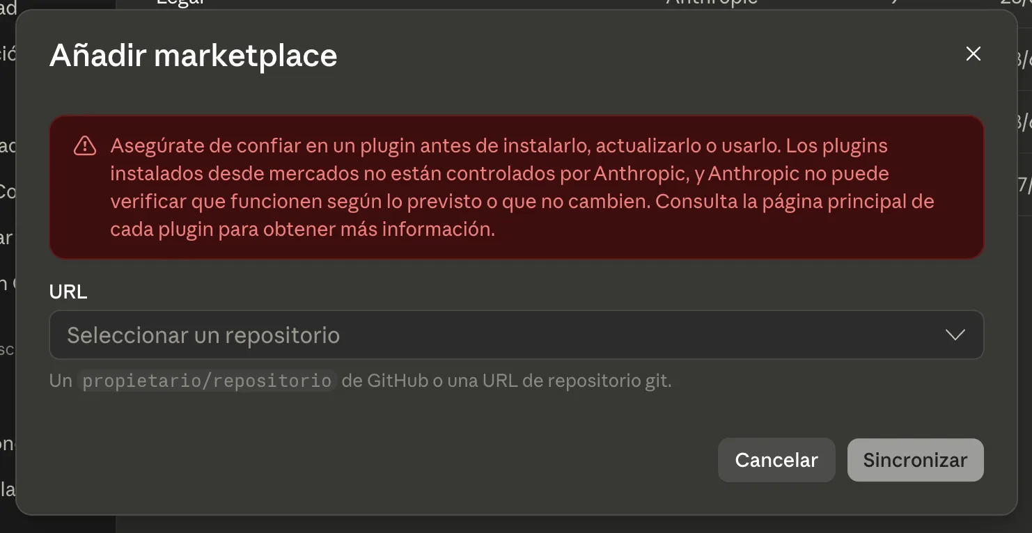 Modal Añadir marketplace con el campo URL para pegar el repositorio y el botón Sincronizar