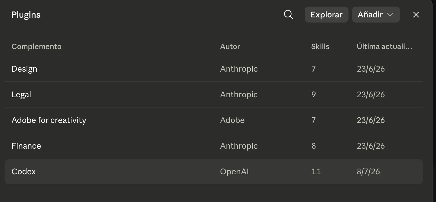 Lista de plugins mostrando la fila de Codex del autor OpenAI junto a los demás
