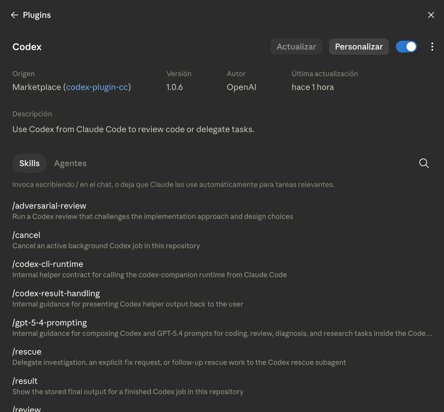 Detalle del plugin Codex con el interruptor encendido y la lista de skills que aporta