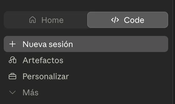 Barra lateral de Code con el botón Nueva sesión para arrancar con Fable