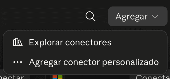 El botón Agregar desplegado en la pestaña Conectores, con las opciones Explorar conectores y Agregar conector personalizado