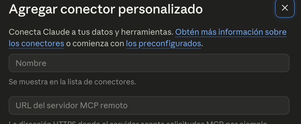 El modal «Agregar conector personalizado» con el campo Nombre y el campo URL del servidor MCP remoto