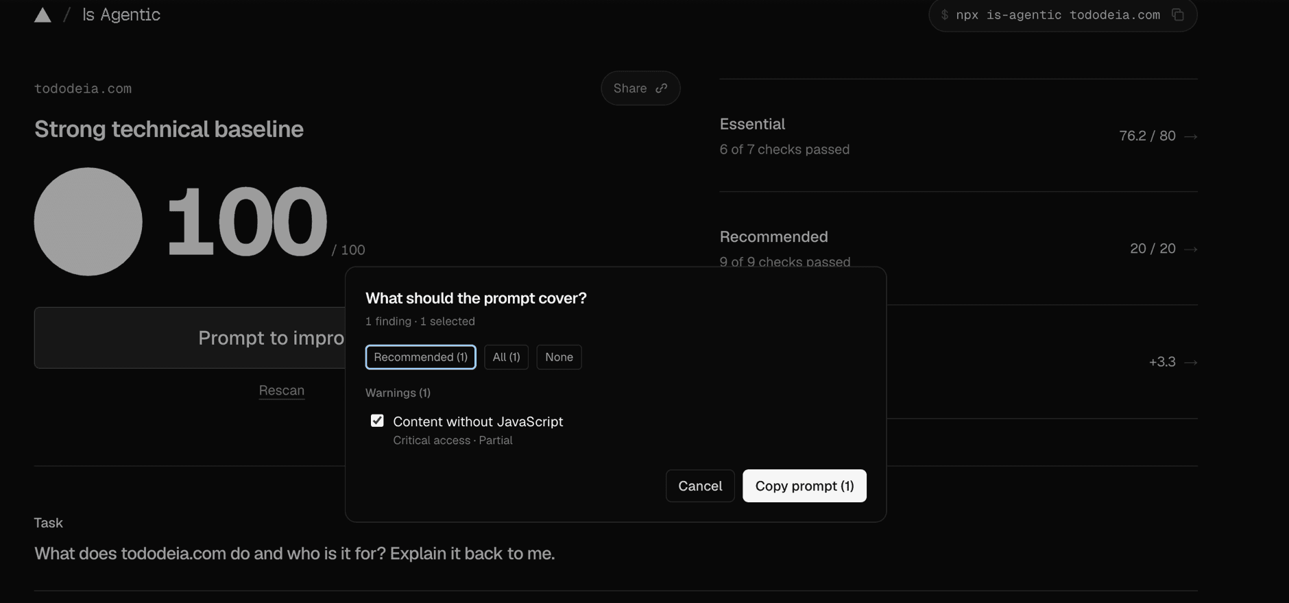El cuadro «What should the prompt cover?» con los selectores Recommended, All y None, un hallazgo marcado y el botón Copy prompt