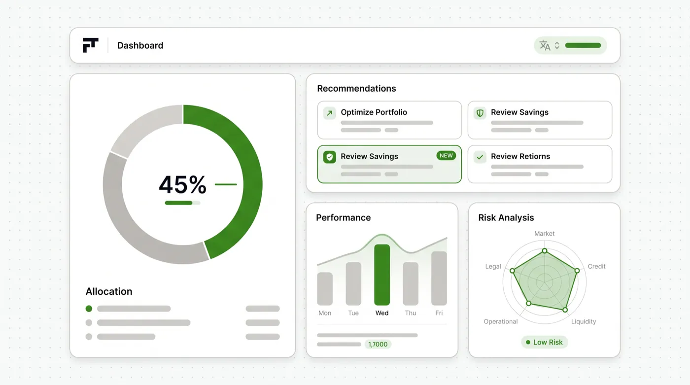 El dashboard de MAIA: dona de asignación, tarjetas de recomendación y gráficas de riesgo