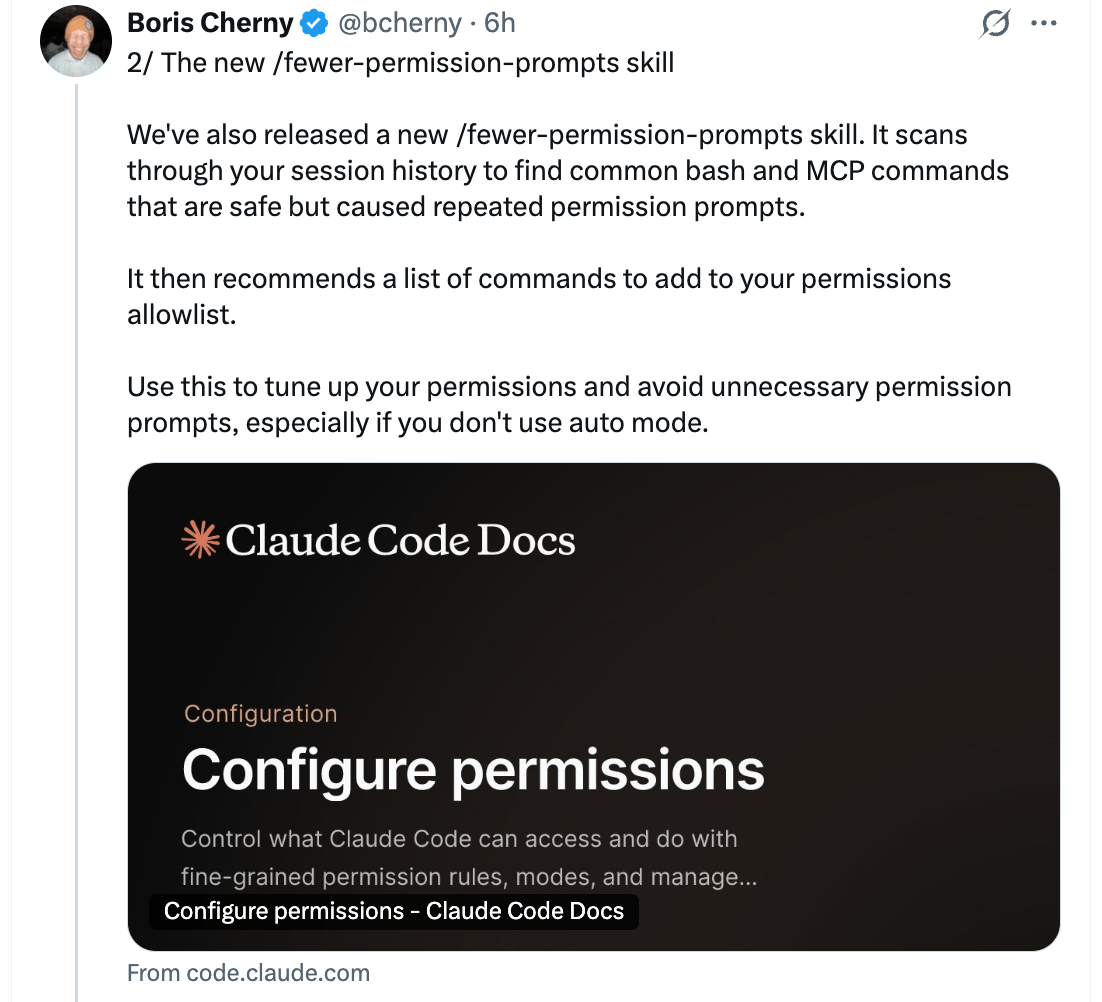 Tweet de Boris sobre la skill /fewer-permission-prompts que escanea la sesión y recomienda qué permitir
