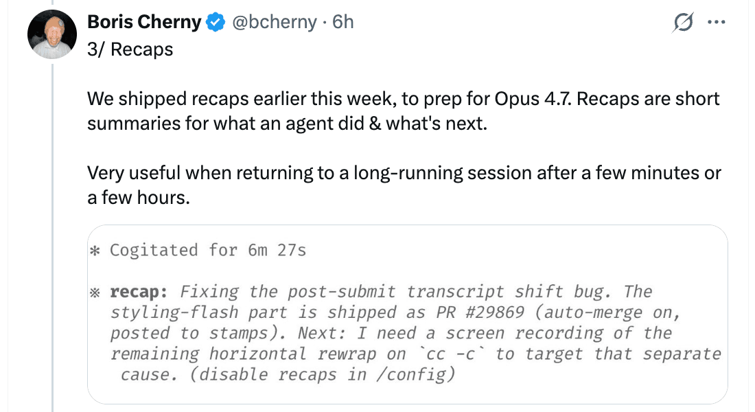 Tweet de Boris mostrando un recap de Claude Code con lo que hizo y lo que falta