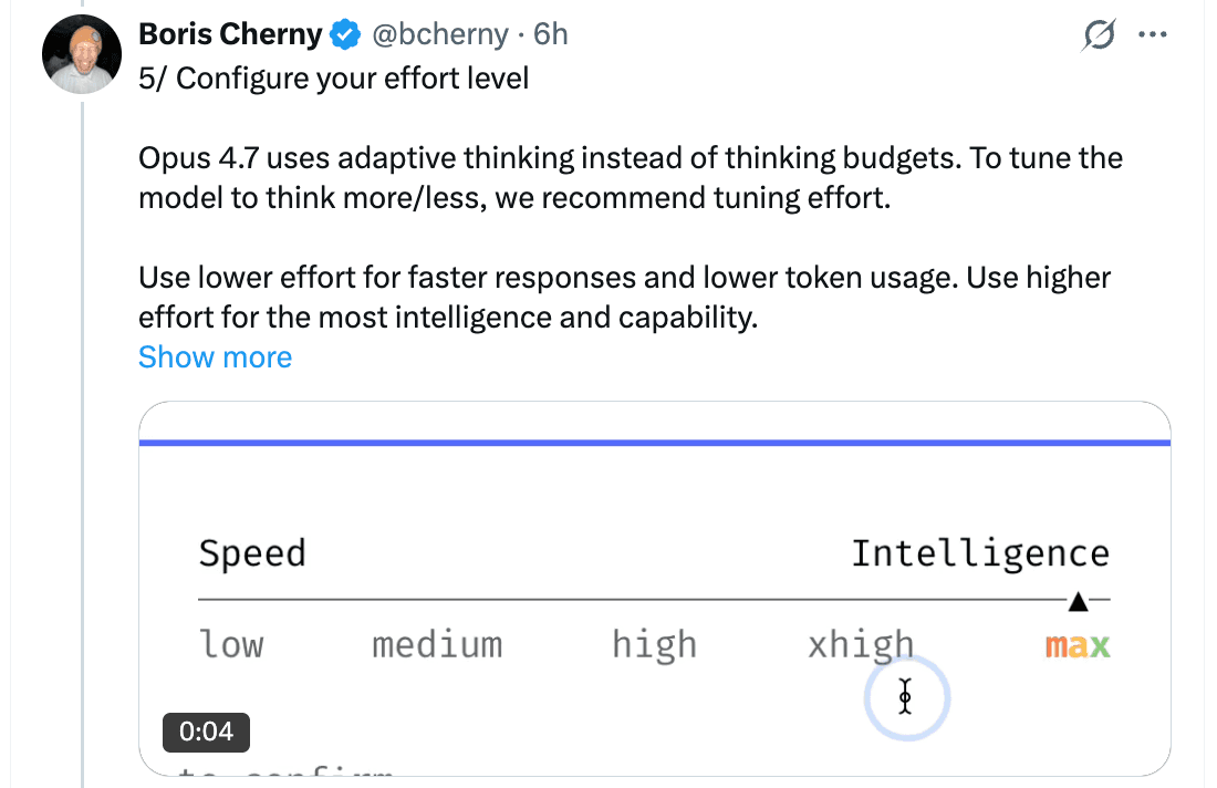 Tweet de Boris mostrando el slider de effort level con los 5 niveles: low, medium, high, xhigh, max