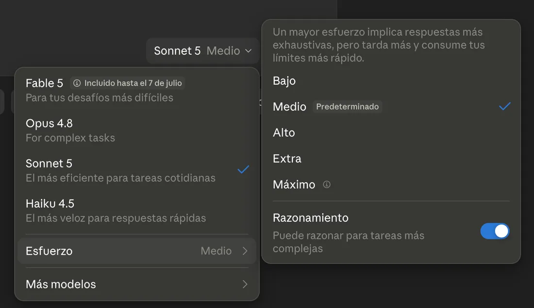 Submenú de Esfuerzo: Bajo, Medio (Predeterminado), Alto, Extra, Máximo, y el interruptor de Razonamiento