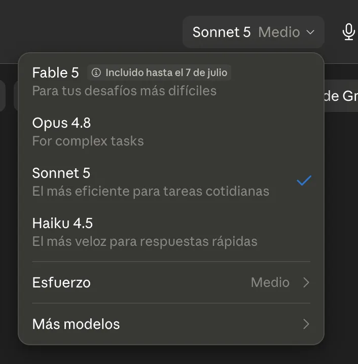 Menú de modelos de la app: Fable 5, Opus 4.8, Sonnet 5 (activo), Haiku 4.5, y abajo Esfuerzo